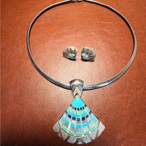 Carolyn Pollack 925 Sterling Silver Turquoise Fan Set Earrings Necklace Pendant